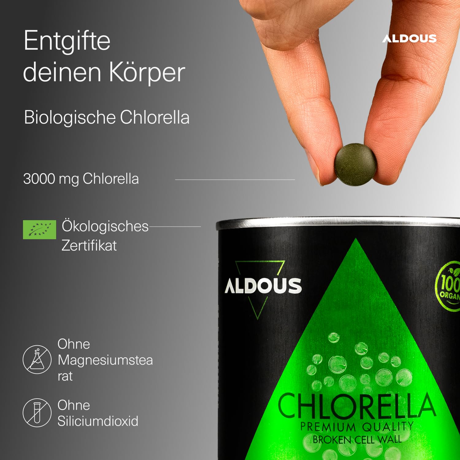 600 Chlorella Bio Presslinge - 3000 mg pro Tagesdosis - mit aufgebrochenen Zellwänden - 100% Rein & Natürlich, DETOX, ohne Zusätze - Bio Vegan Protein - Chlorophyll - Energie Booster - ALDOUS