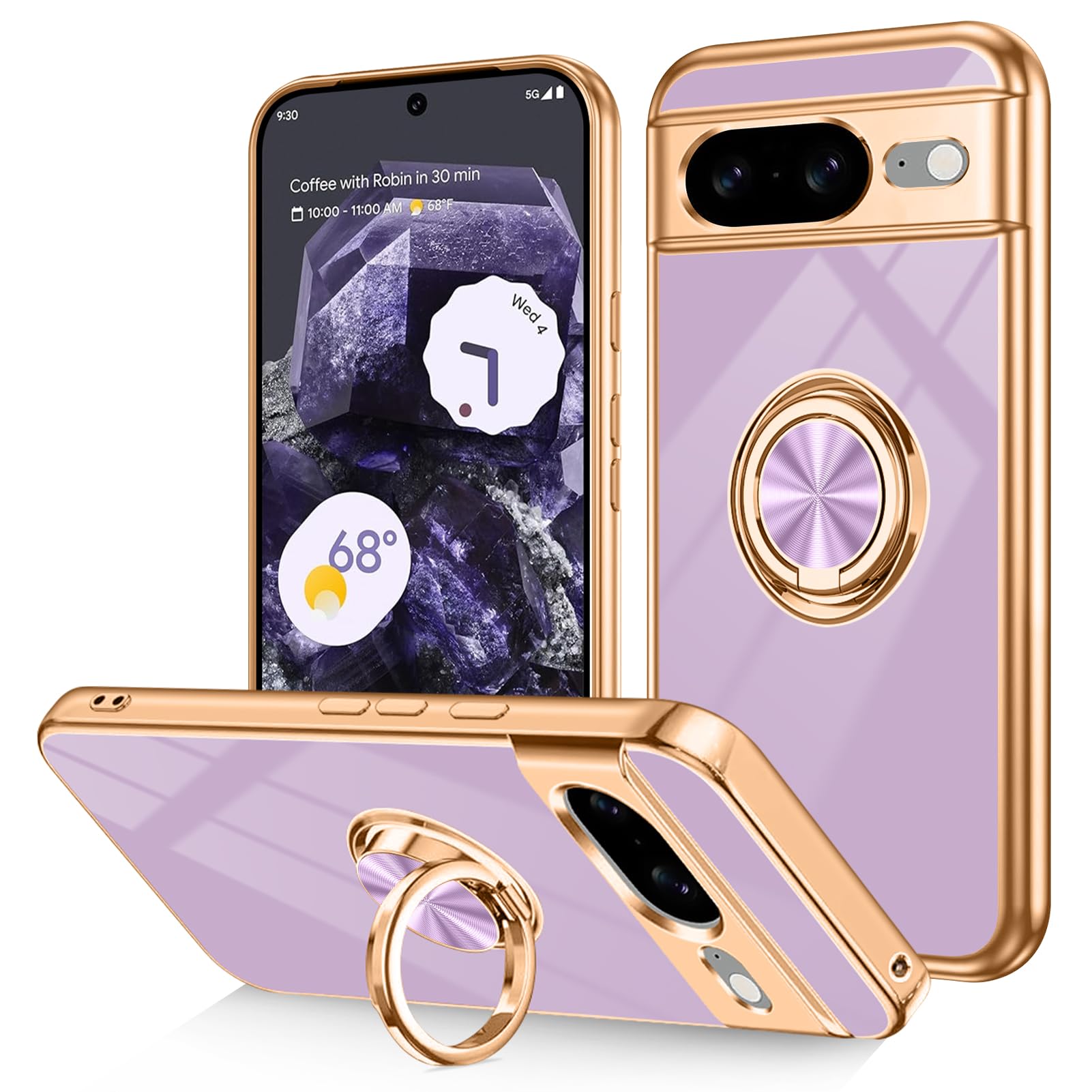 Dinick for Google Pixel 8 Case with Ring Holder Kickstand, Soft TPU Gold Plated Cover, Anti-Scratch, Shockproof Protection, Slim, Magnetic Stand Case