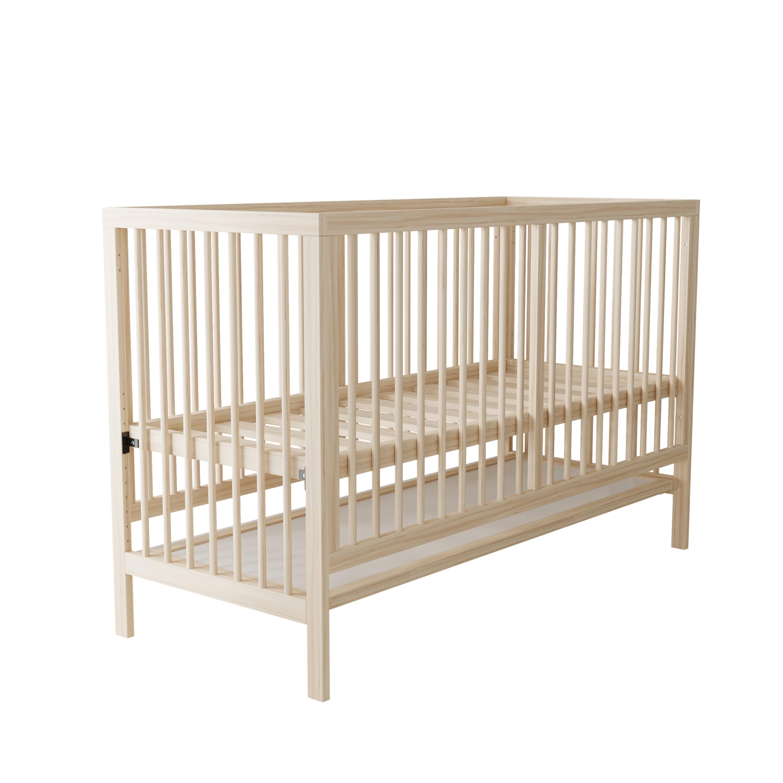 Holz Babybett, multifunktionales Babybett, umwandelbar in Nebenbett/Malerbrettständer/Schreibtisch, höhenverstellbar, ohne Matratze, aus Fichte, naturfarben, 140x60x90cm