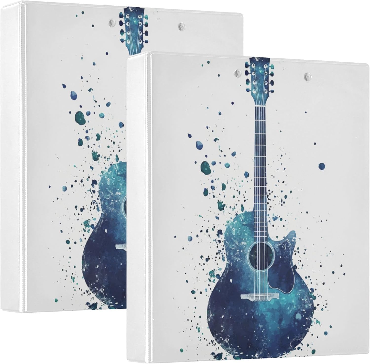Watercolor Blue White Guitar Binder 1.5 Inch Binder with Clipboard&Pockets, Music Hardcover Binders 3 Ring, Heavy Duty Large File Folder for Office School Supplies - Holds 200 Sheets, 2 Pack