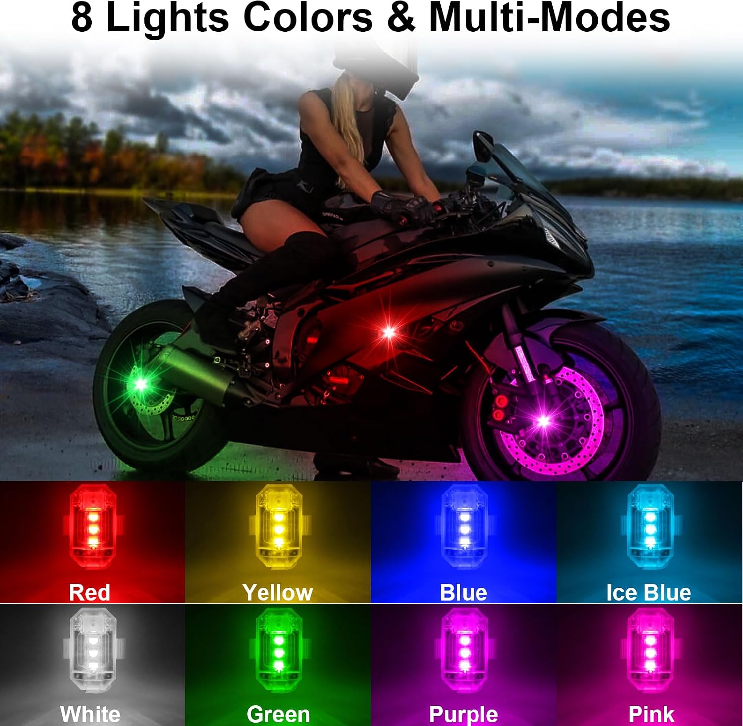 4PCS Wireless LED Strobe Lights with Remote Control, 8 Colors USB Rechargeable Anti-Collision Warning Light, High Brightness Wireless LED Lights for Car Drone Truck Motorcycle Aircraft Bike