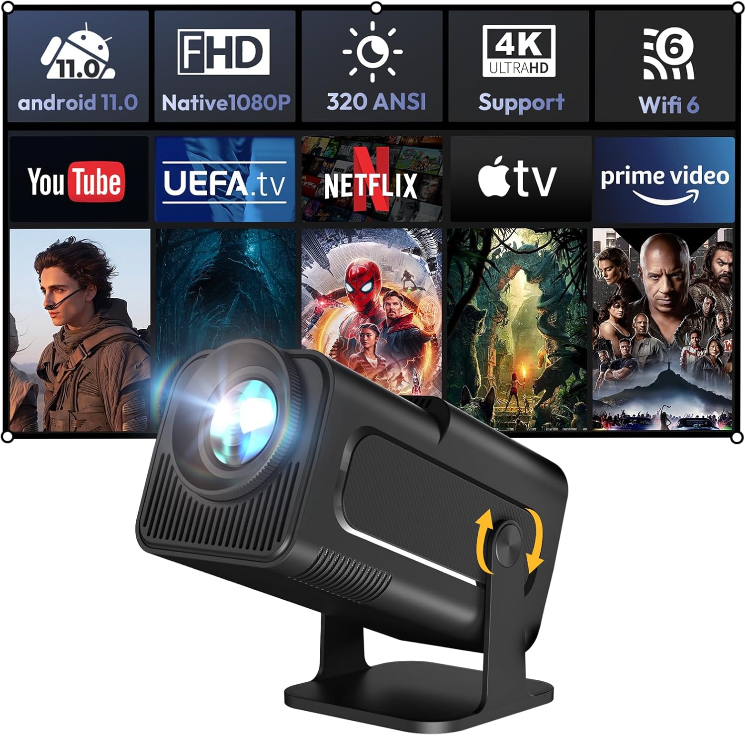 Smart Mini Projector XGODY Gimbal5 Android 11 Full HD Projector Native 1080P 4K Support 5G WiFi 6 Bluetooth 5.0 Home Movie Projector Electric Focu Auto Keystone 180 Rotating For PC/Lap/PS5 Dull Black Jet Black