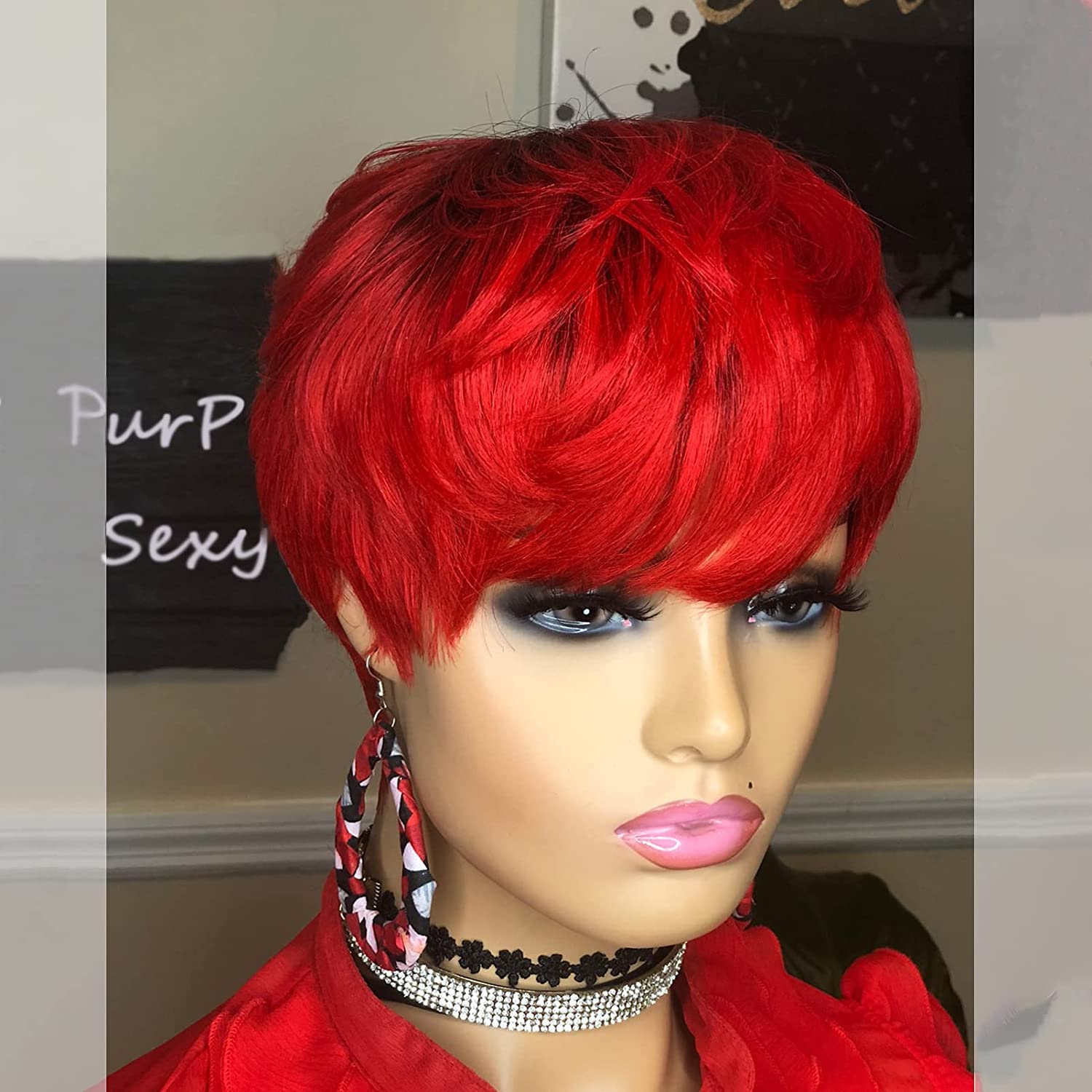TANGCAI Pixie Cut Human Hair Wig 1b/Red Colored Wig Pixie Cut Wig For Women pixie