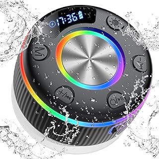 Enceinte Bluetooth Douche, Enceinte Bluetooth Portable avec HD Mic, haut-parleur Bluetooth étanche IPX7 avec ventouse pour Salle de Bain,Extérieur,360° stéréo, Lumière LED, Affichage de l'heure, Noir