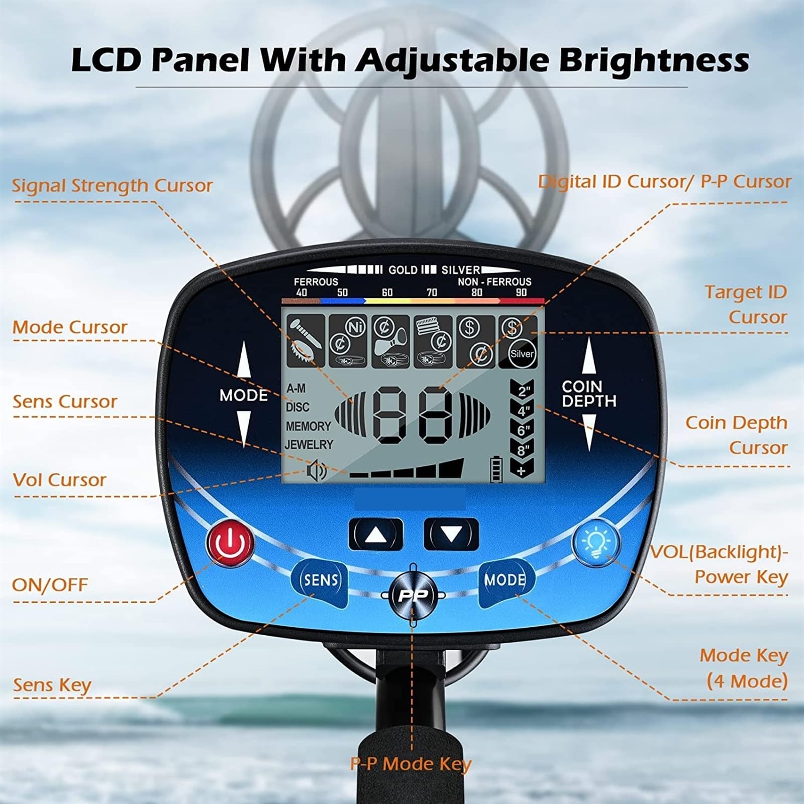 Professioneller unterirdischer Metalldetektor mit 9,8 Zoll IP68-wasserdichter Suchspule, LCD-Display Hintergrundbeleuchtung zur Goldsuche