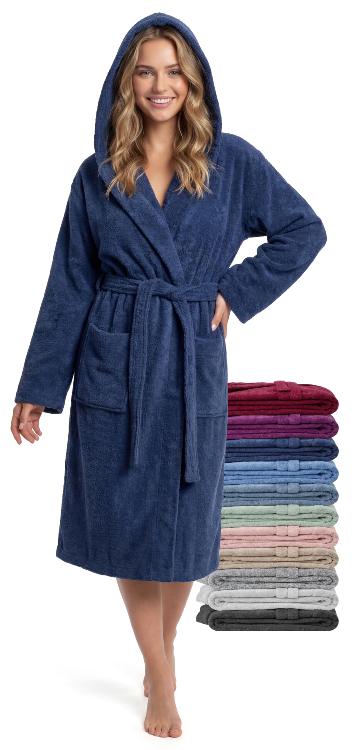 Jazzylab Women's Marine ’S Mid-Length Bathrobe With Hood, 100% Cotton Terry 380 Gsm, S-M