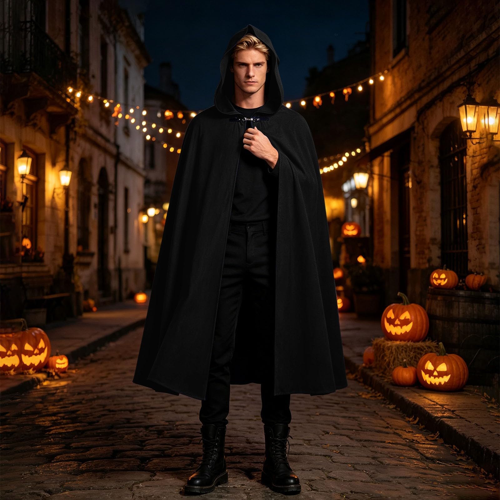 Generisch Mantello medievale con cappuccio, unisex, per adulti, per Halloween, giochi di ruolo, gotico, con design cavaliere e teschio