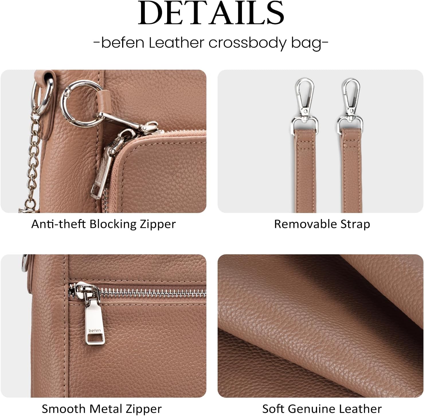 befen Anti Theft Genuine Leather Crossbody Bags for Women Handbags and Shoulder Basg with Built in Wallet RFID Leather Purse - Image 5