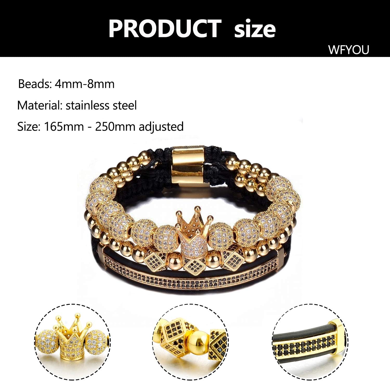 WFYOU Imperial Crown Bracelets for Men 18kt Gold Bracelet Cubic Zirconia Beads Bracelets Cross Bracelets Charm Men Luxury Gift - Image 4