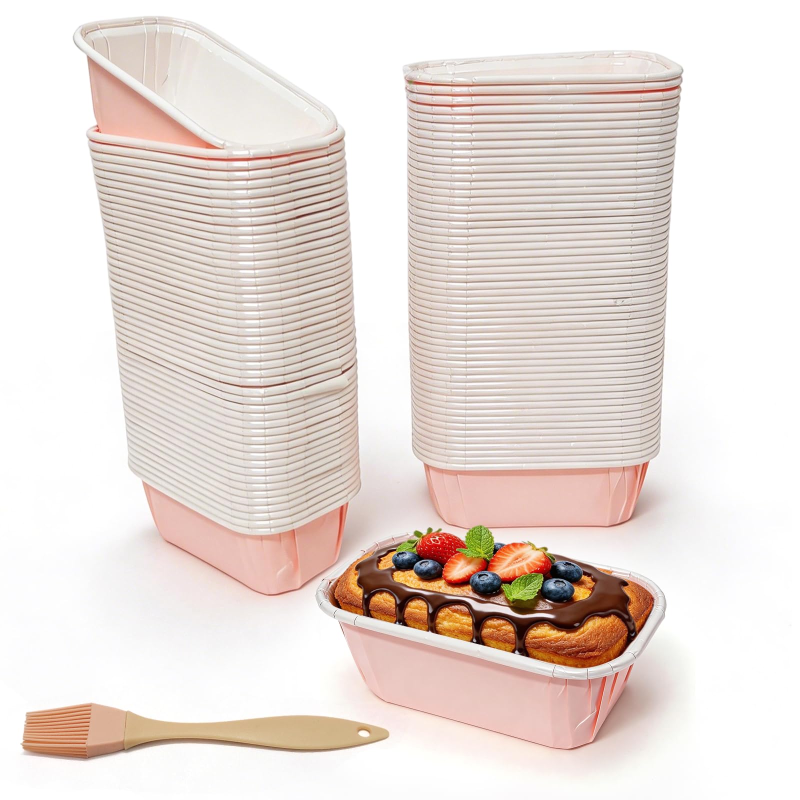 HavaCue 100 Pcs Mini Loaf Cake Cases Paper, Pink Greaseproof Mini Loaf Cases for Baking, Rectangular Paper Cake Pans for Baking Bread Cake Dessert Wedding Birthday Party Holiday Christmas
