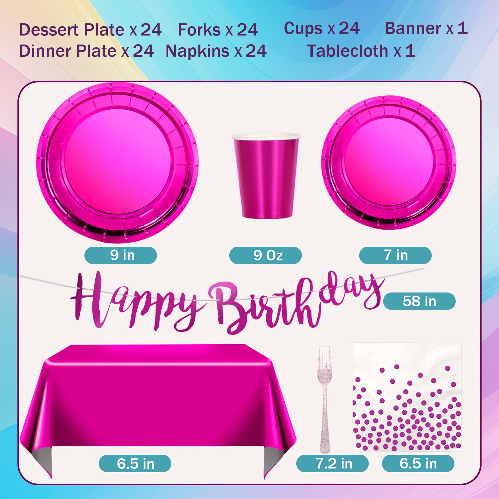 Iridescent Pink Party Supplies Decorations, Hot Pink Holographic Disposable Plates, Napkin, Fork, Cup, Tablecloth, Banner for Mermaid Disco Birthday Party Serves 24