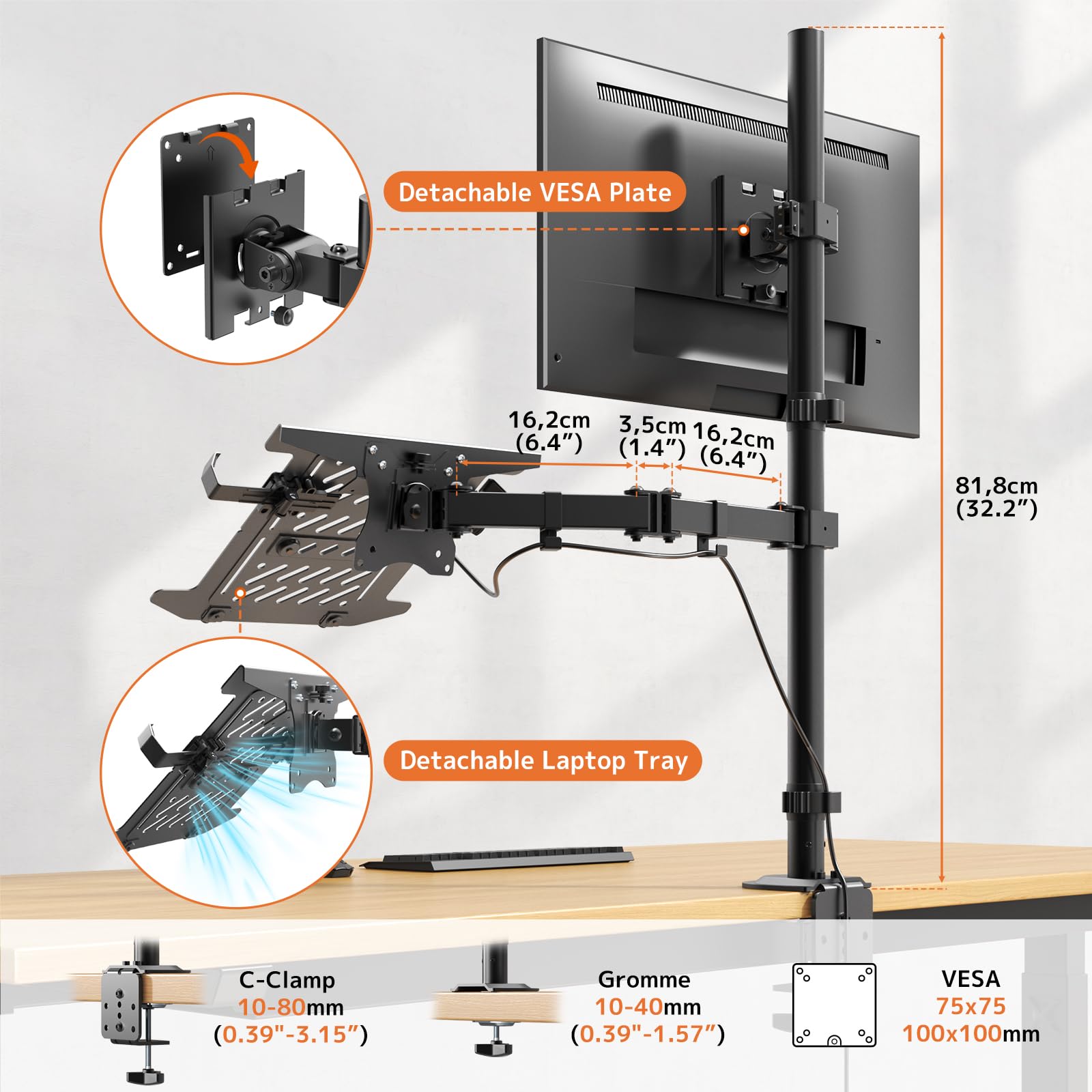 PUTORSEN Supporto per monitor con braccio per laptop per schermi da 17 a 49 pollici e notebook fino a 17 pollici, asta da 81,8 cm regolabile in altezza, braccio per monitor VESA 75/100 mm