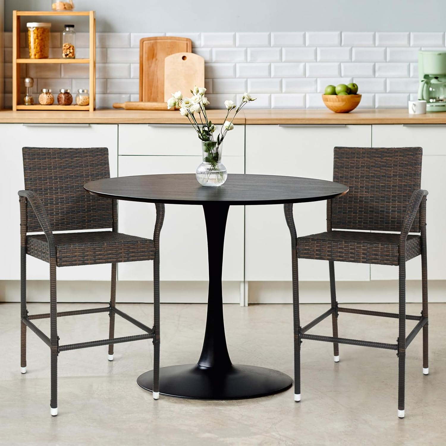 LEMY Outdoor Bar Stools, Wicker Patio Chairs Set of 2, Rattan Furniture Indoor with Armrest for Garden, Lawn, Balcony, Brown