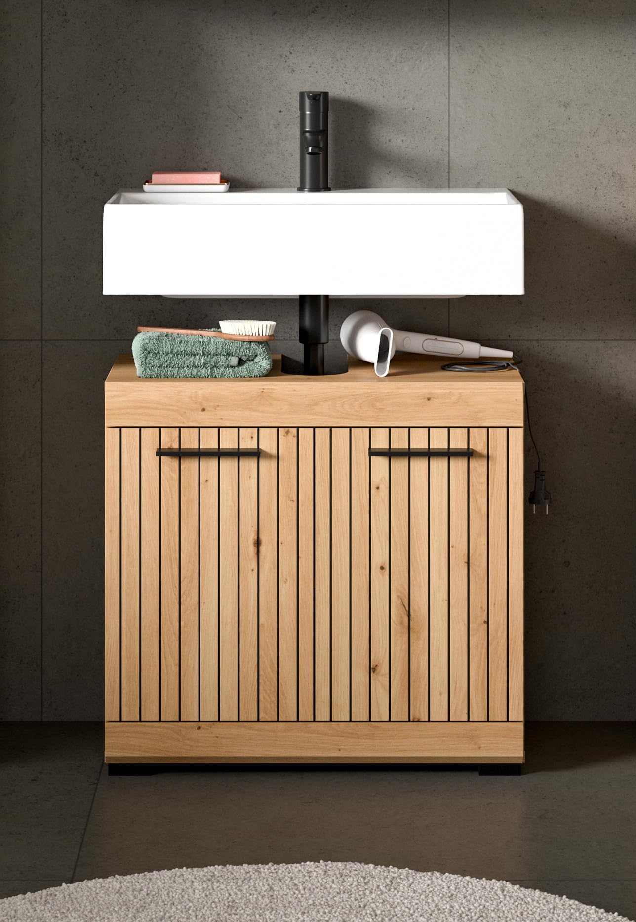 xonox.home – Szafka pod umywalkę Scout 60 x 56 x 34 cm w kolorze Artisan & czarna – szafka łazienkowa z 2 drzwiami i wycięciem na syfon – łącznie z regulowaną półką zapewniającą funkcjonalną