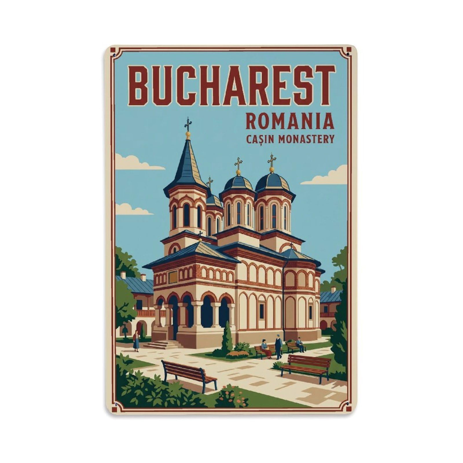 Vintage Travel Bucharest Casin Monastery Clean Romania Metal Tin Sign Plaque Wall Decor for Cafe, Club Bar, Office, Home Garden Metal Poster 8x12Inch