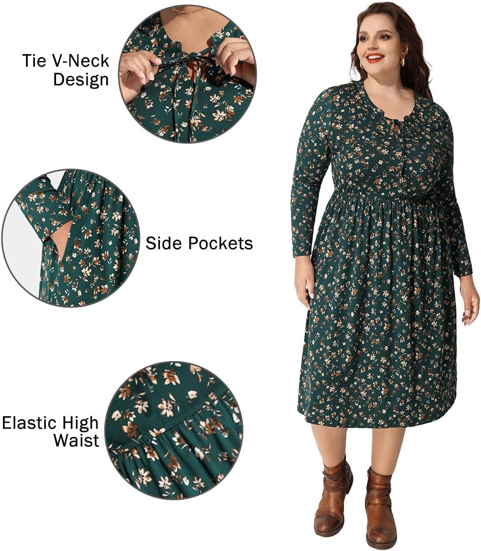 CARCOS Plus Size Dress for Women Tie V Neck Midi Dresses Long Sleeve Boho Dress Elastic High Waist Tunic Dress with Pockets - Image 3