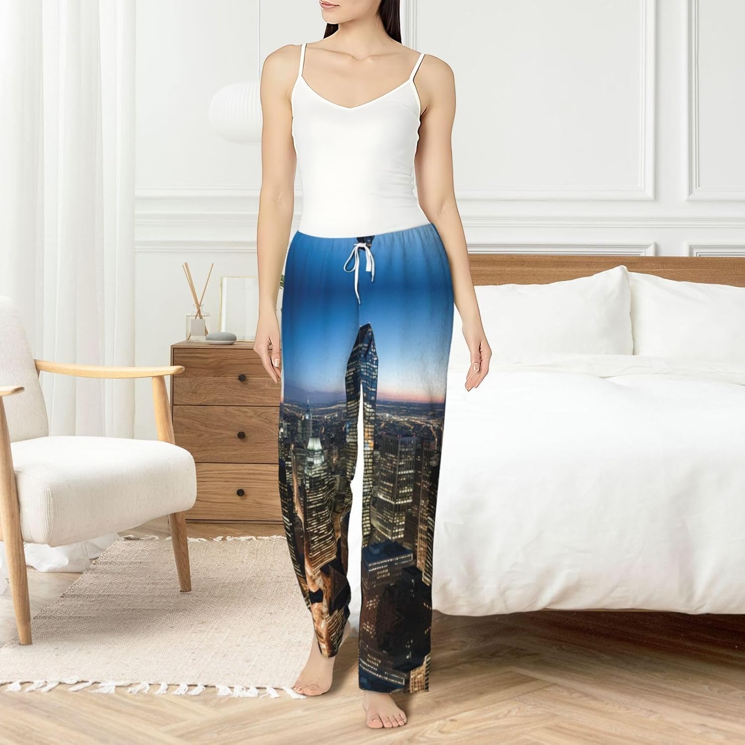 Night View Print Cozy Flannel Pajama Pants For Women,Warm Christmas Pj Pants,Cute Fleece Pajamas