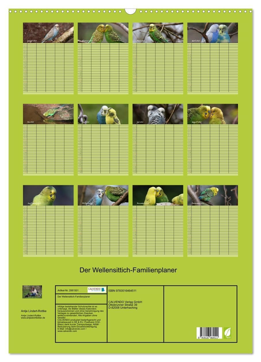 Der Wellensittich-Familienplaner (Wandkalender 2026 DIN A2 hoch), CALVENDO Monatskalender: Putzige Piepmätze (CALVENDO Tiere)