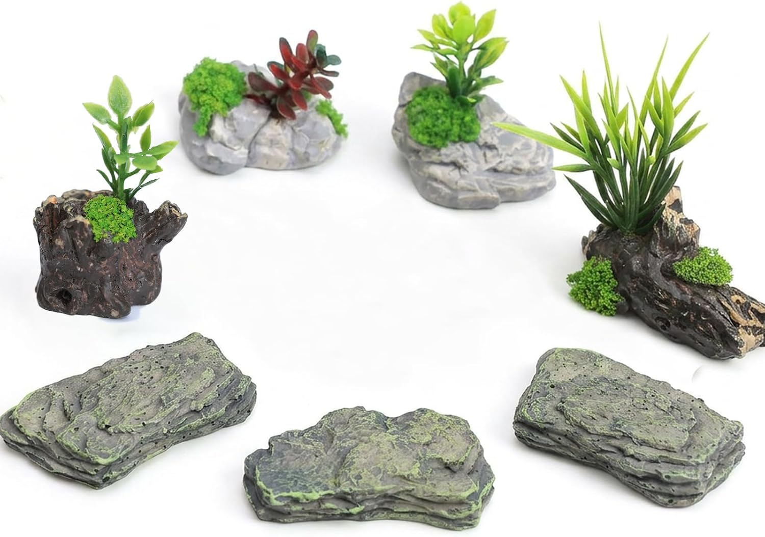 Kai Dream Fairy Garden Stone Rocks, Trees Stumps with Plants -7 Piece