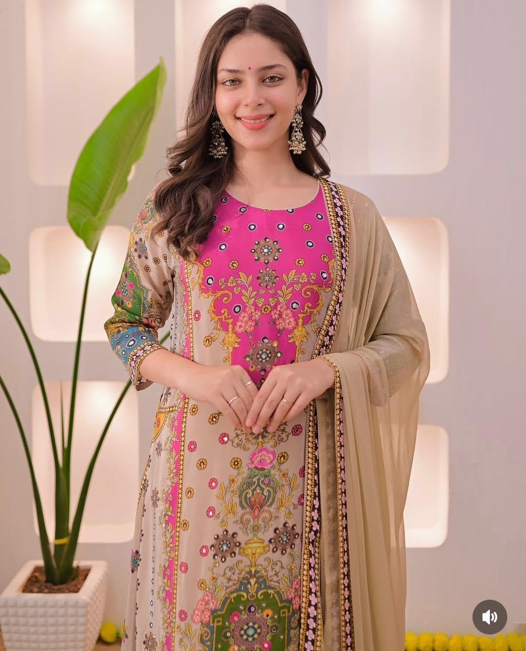 Women’s Muslin Cotton Anarkali Kurti Palazzo Dupatta Set with Necklace | Beige Floral Printed Ethnic Suit |