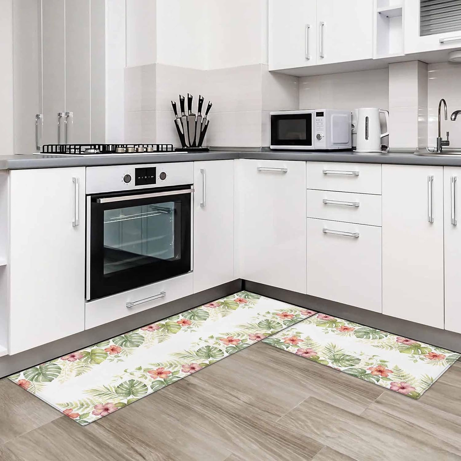 Kitchen Mats for Floor Summer Monstera Flower Herbs Plant Washable Non Slip Kitchen Rugs 2PCS, Watercolor Leaves Floral Absorbent Standing Mats for Sink Office Living Room 15.7x23.6in+15.7x47.2in