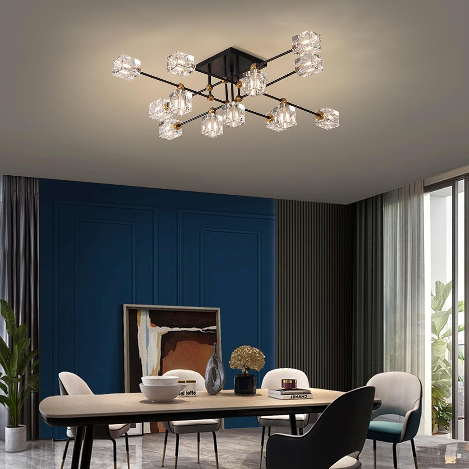 13-Light Crystal Ceiling Light Fixture Semi Flush Mount Ceiling Light Fixture Modern Black and Gold Sputnik Chandeliers for Dining Room Living Room Kitchen Island Hallway Bedroom