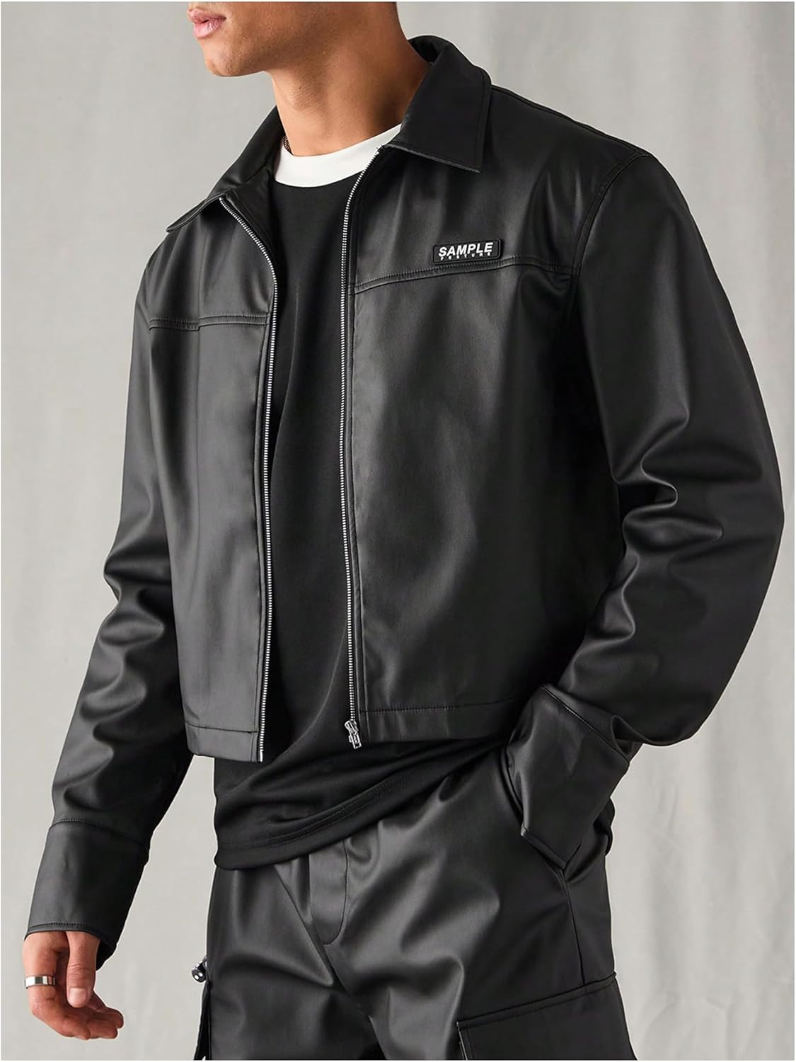 SHENHE Men's Faux Leather Jacket Zip Up Lapel Collar Cropped Motorcycle Biker Jacket - Image 2