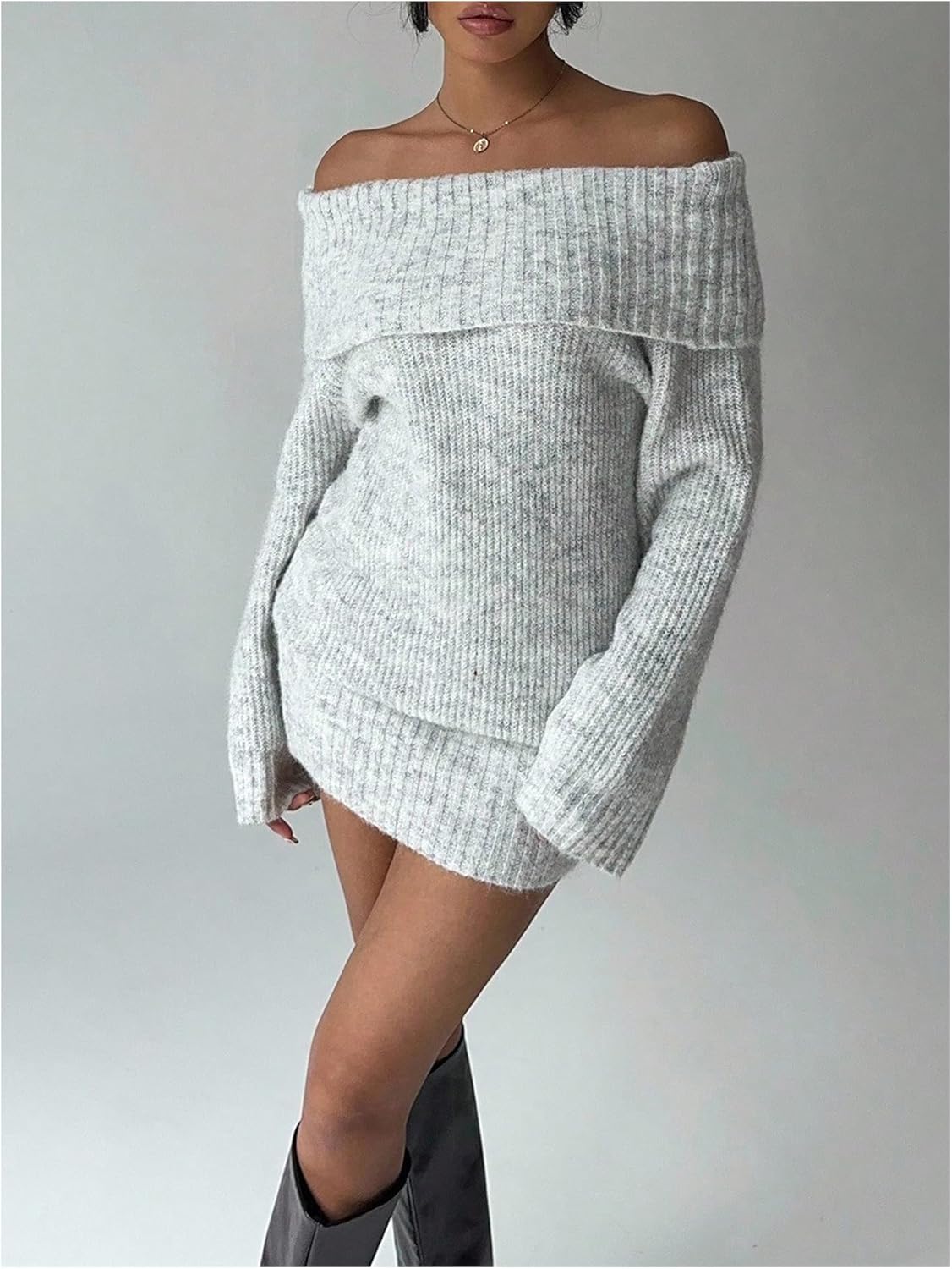 MakeMeChic Women's Off The Shoulder Sweater Dress Long Sleeve Knitted Mini Dresses - Image 6