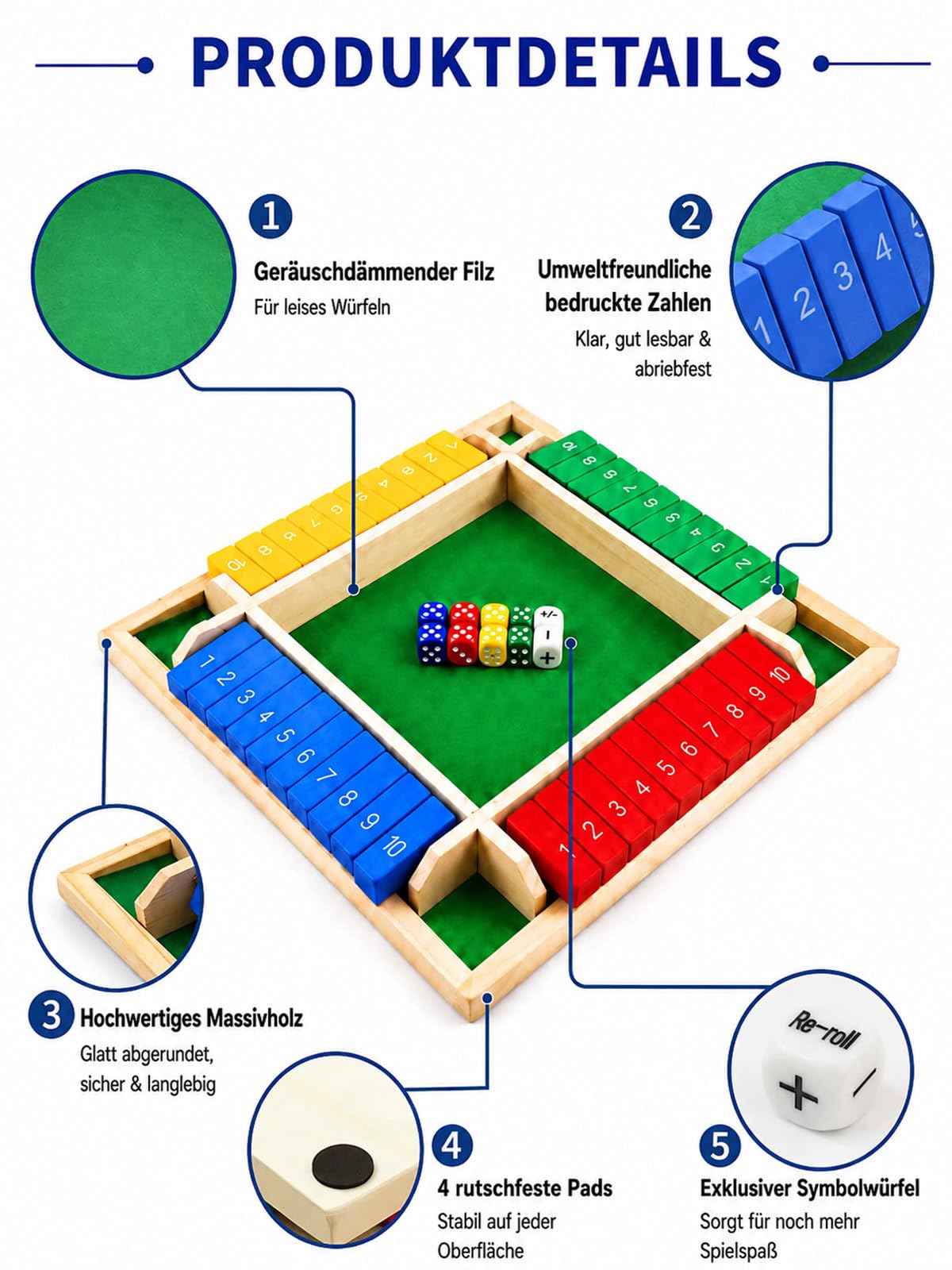 Verbesserte 30CM Shut The Box Spiel – Schnelles, unterhaltsames Lern- und Zahlenspiel aus Holz mit 2 Symbolwürfeln, Für 1–4 Spieler, Ideal für Familienabende, Schule, Partys und Senioren
