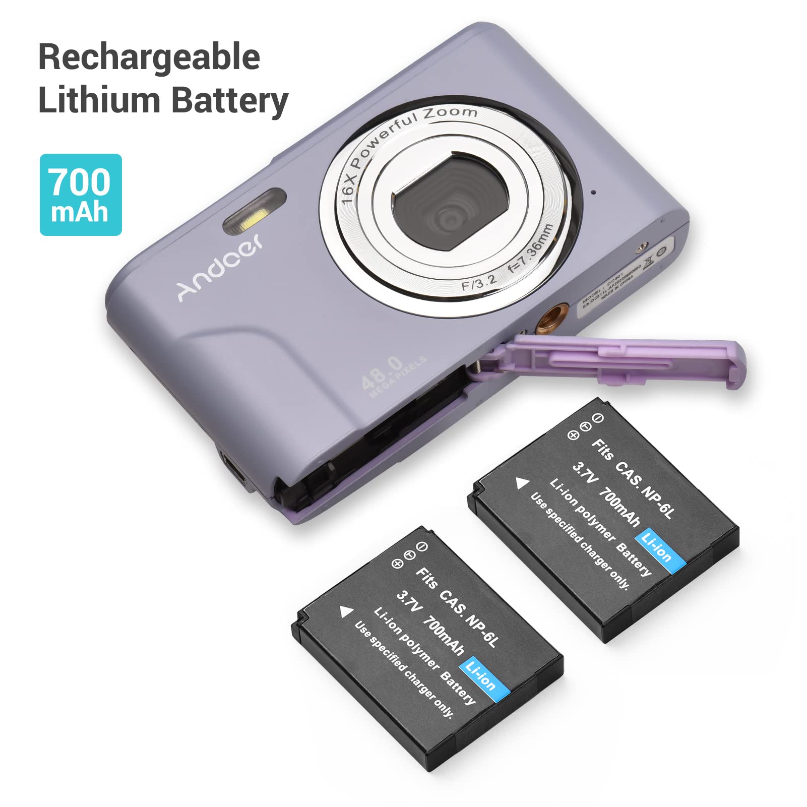Andoer Aparat cyfrowy z autofokusem, 48 MP, 1080p, 2,4", aparat cyfrowy z 2 bateriami, pasek na rękę, torba do przenoszenia, dla dzieci, młodzieży, początkujących, studentów, fioletowy
