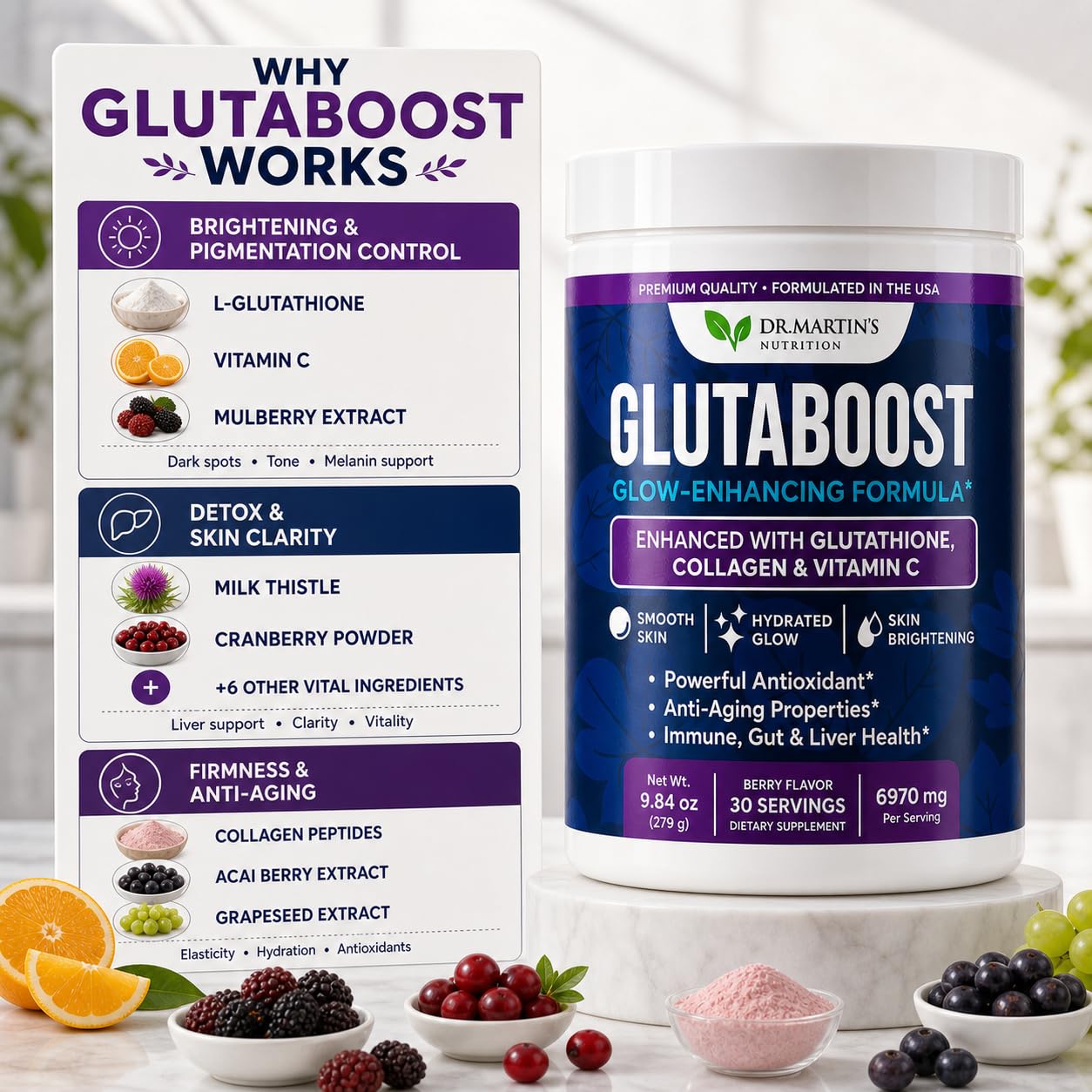 6970mg Glutathione Powder for Skin Brightening, Collagen & Vitamin C