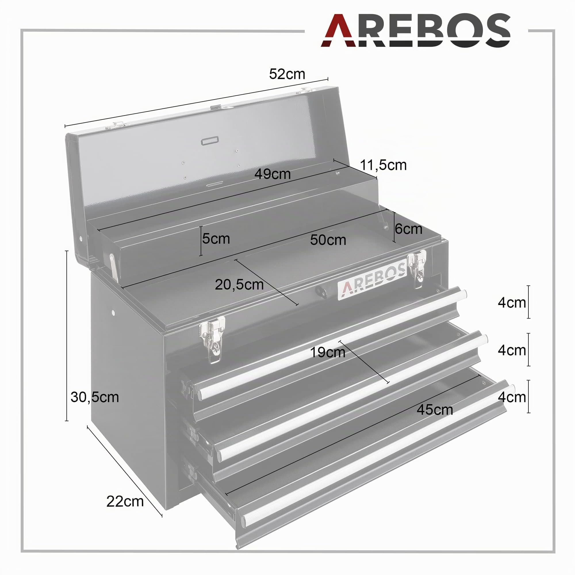 Arebos Boîte à outils avec 3 tiroirs et 2 compartiments de rangement | Poignée de transport et fermetures à pression | Coffret à Outils | Tapis antidérapants | Noir