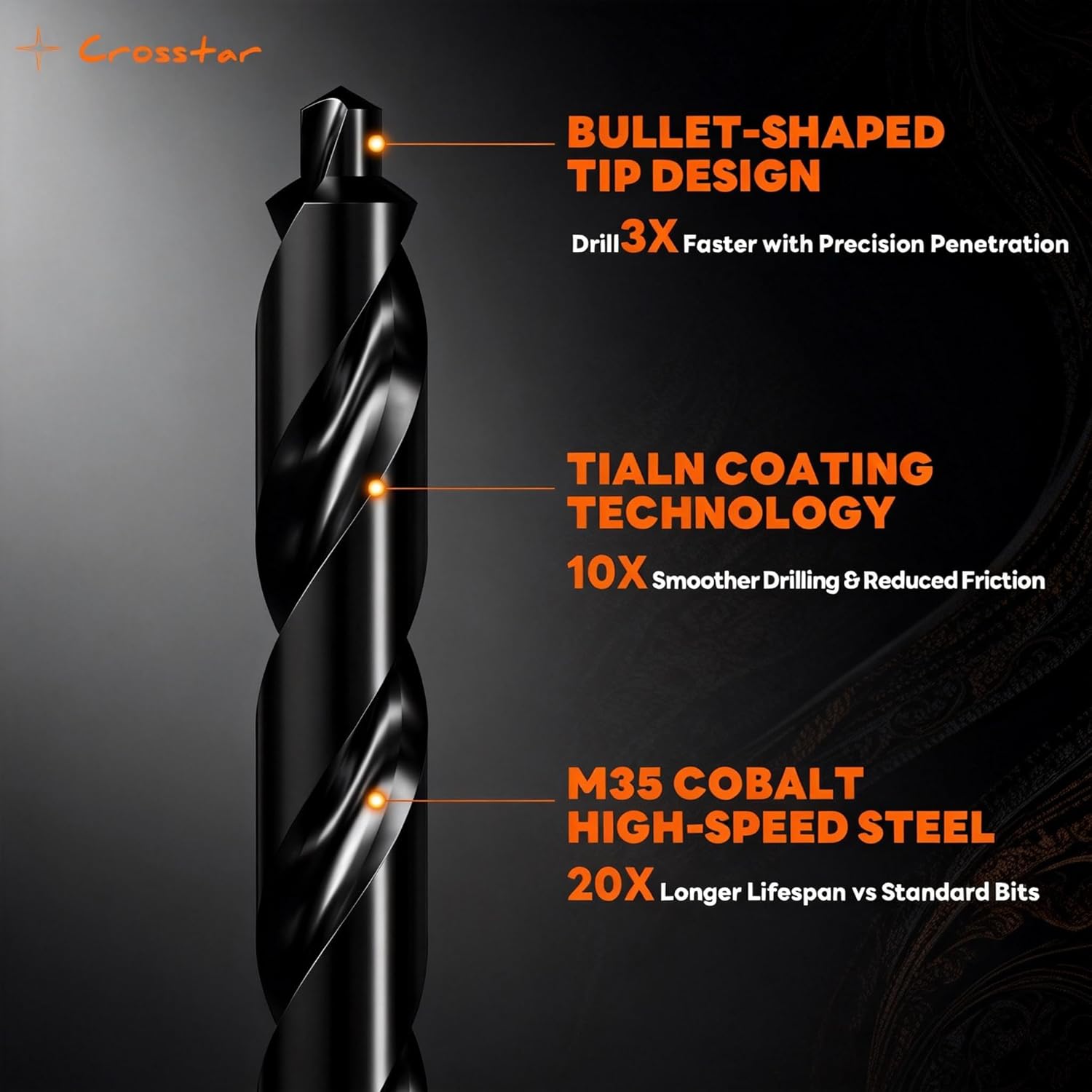 Crosstar M35 Cobalt Drill Bit Set - 21pcs 1/16"-1/2" TiAlN Coated Self-Centering Metal Drill Bits for Thin Hardened Steel, Stainless Steel, Titanium| Bullet Point Tip, High-Speed Jobber Bits