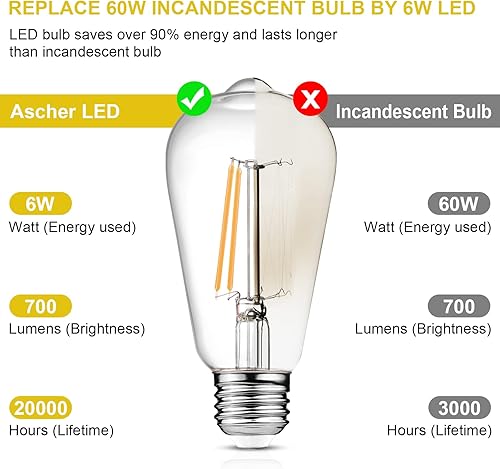 Miniatura 3 de Ascher - Bombillas LED Edison vintage, 6 W, equivalente a 60 W, no regulables, blanco cálido, 2700 K, bombillas de filamento LED antiguas ST58 con