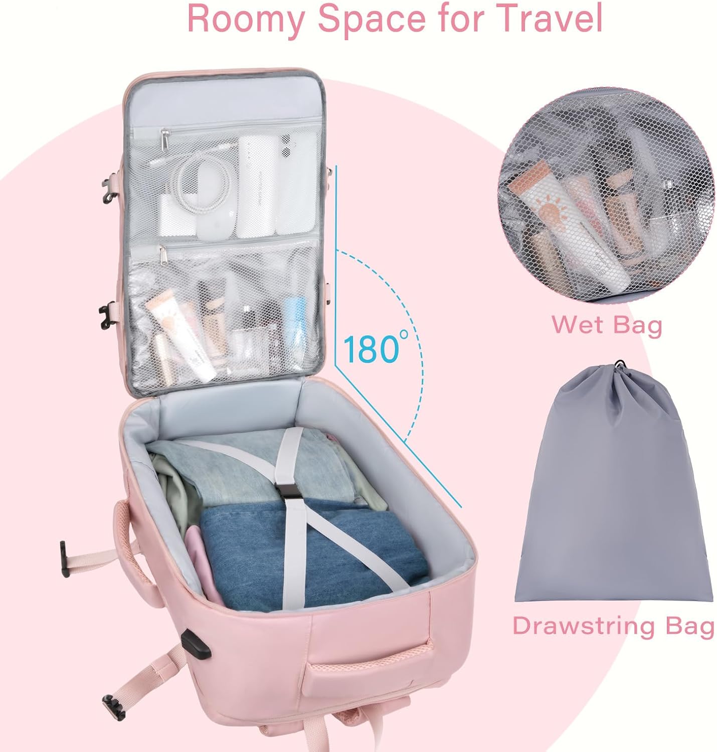 MOSISO 40L Travel Backpack for Women, Rhombus Quilted Flight Approved Carry on Daypack with USB Charging Port&Drawstring Bag, 17-17.3 inch Laptop Backpack for Office Work Travel Essentials, Pink - Image 2