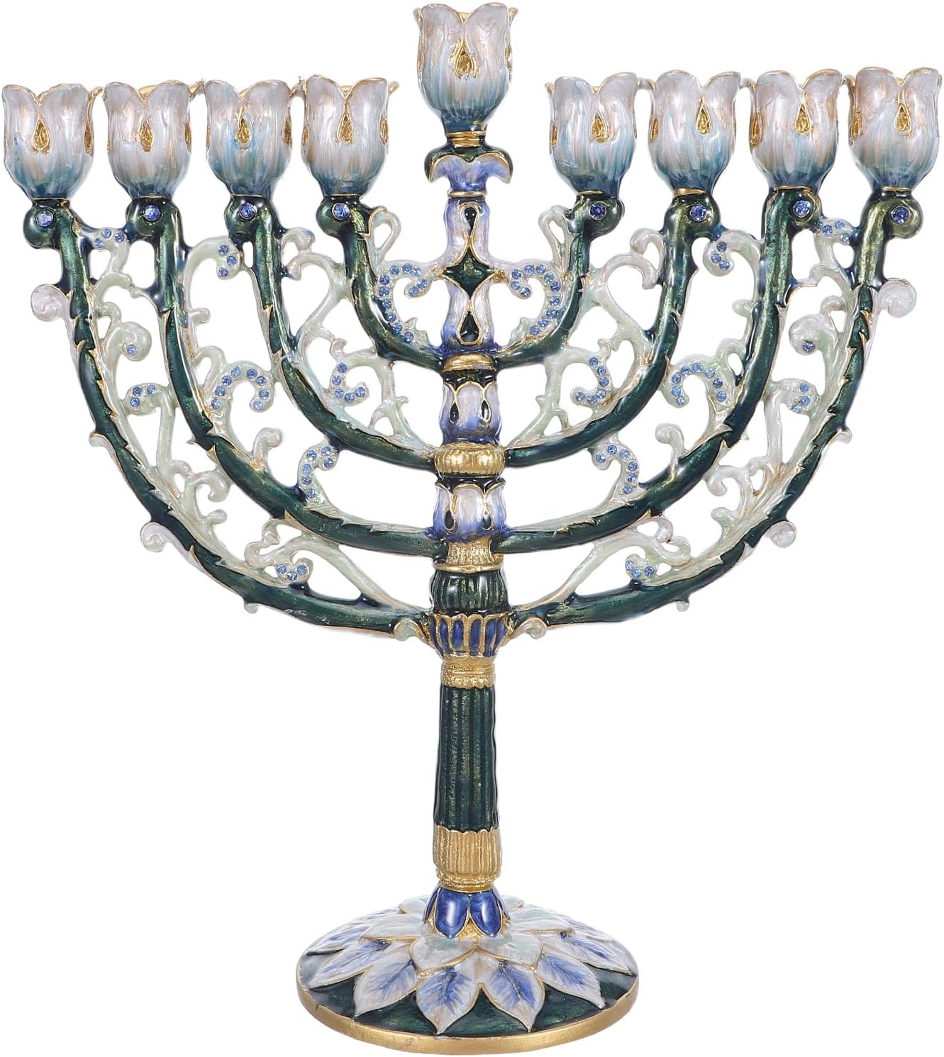 Ipetboom Enamel Hanukkah Menorah, Jeweled 9 Branch Candle Holder