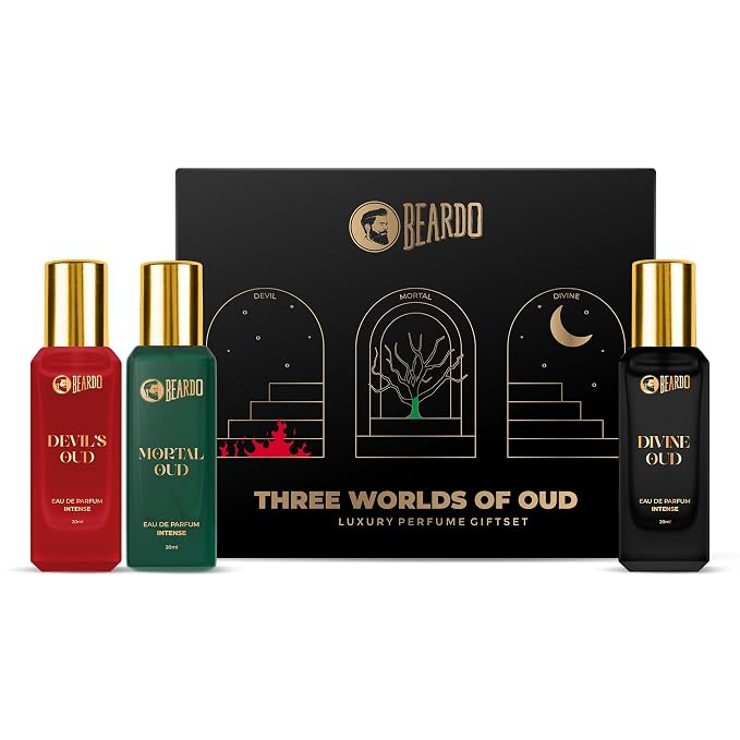 Beardo Oud Perfumes Giftset for Men - Three Worlds of Oud 3x20ml | Devil's, Mortal & Divine | Long lasting Perfume for Men | Luxury Perfume giftset for Men | Anniversay Gift | Gift for boyfriend, Hudsband, Friend | Rakhi Gift for Brother | Gift for Brothe
