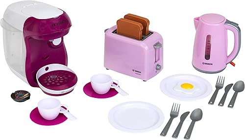 Theo Klein 9597 Bosch Breakfast Set I Juego de accesorios de cocina rosa con tostadora, cafetera y hervidor de agua I con vajilla, cubiertos y huevo