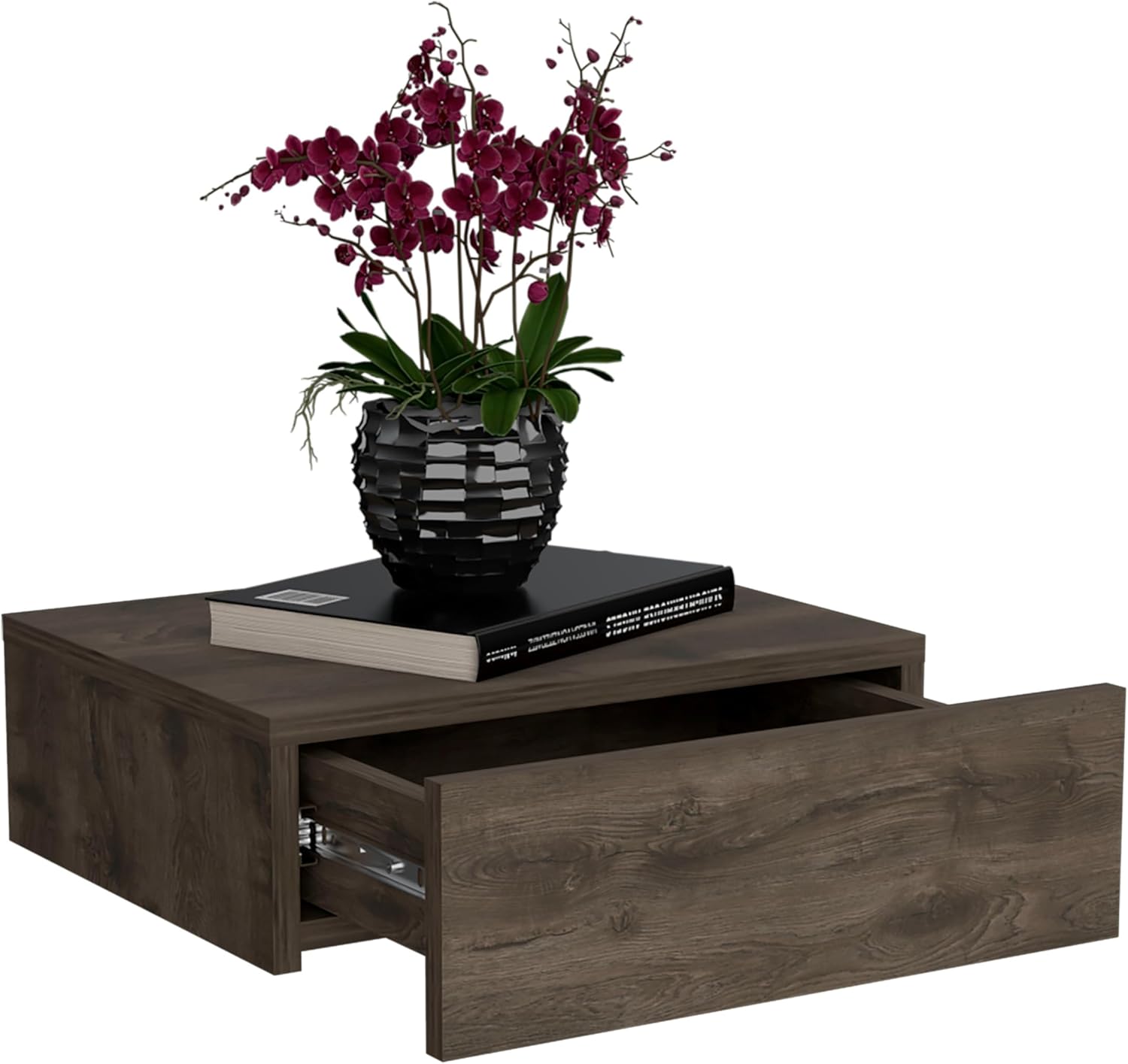 Close-up view of the Tuhome Milano Floating Nightstand with its drawer partially open, revealing the interior storage space.
