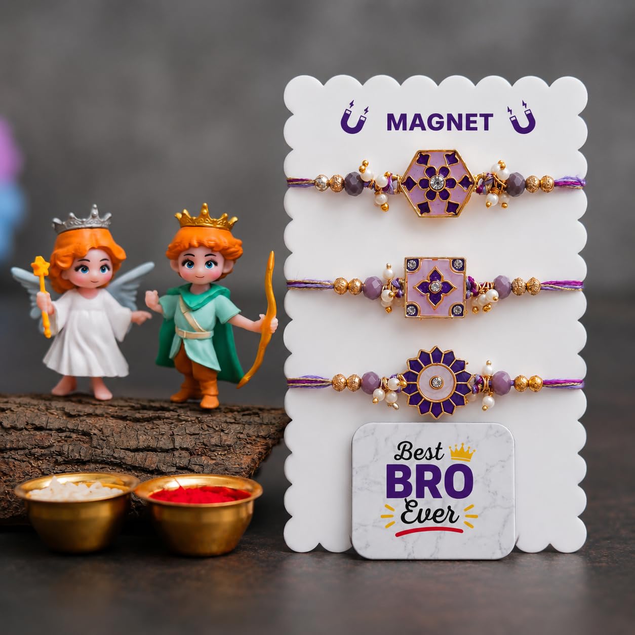 eCraftIndia Designer Rakhi Set of 3 for Brother with Best Bro Ever Fridge Magnet & Angel Prince Showpieces | Premium Beaded Fancy Rakhi Combo | Raksha Bandhan Gift Set for Bhai