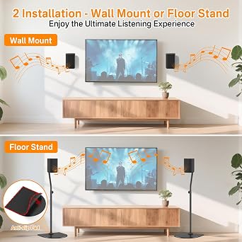 Speaker Stand Pair WR Wall Mounts, Rear Speaker Stands Height Adjust 33 to 42 for Samsung, Vizio, Nakamichi, LG, Roku and More, Surround Sound Speaker Stands WR Keyhole & 1/4-20, M5, M6 Thread Hole