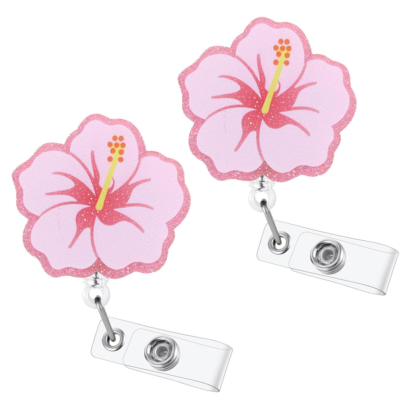 Cesujowaz Cute Hibiscus Flower Badge Reel 2 Pack, Retractable Badge Reel with Alligator Clip, ID Card Holder Lanyard Alternative for Nurses Doctors Teachers Healthcare Workers