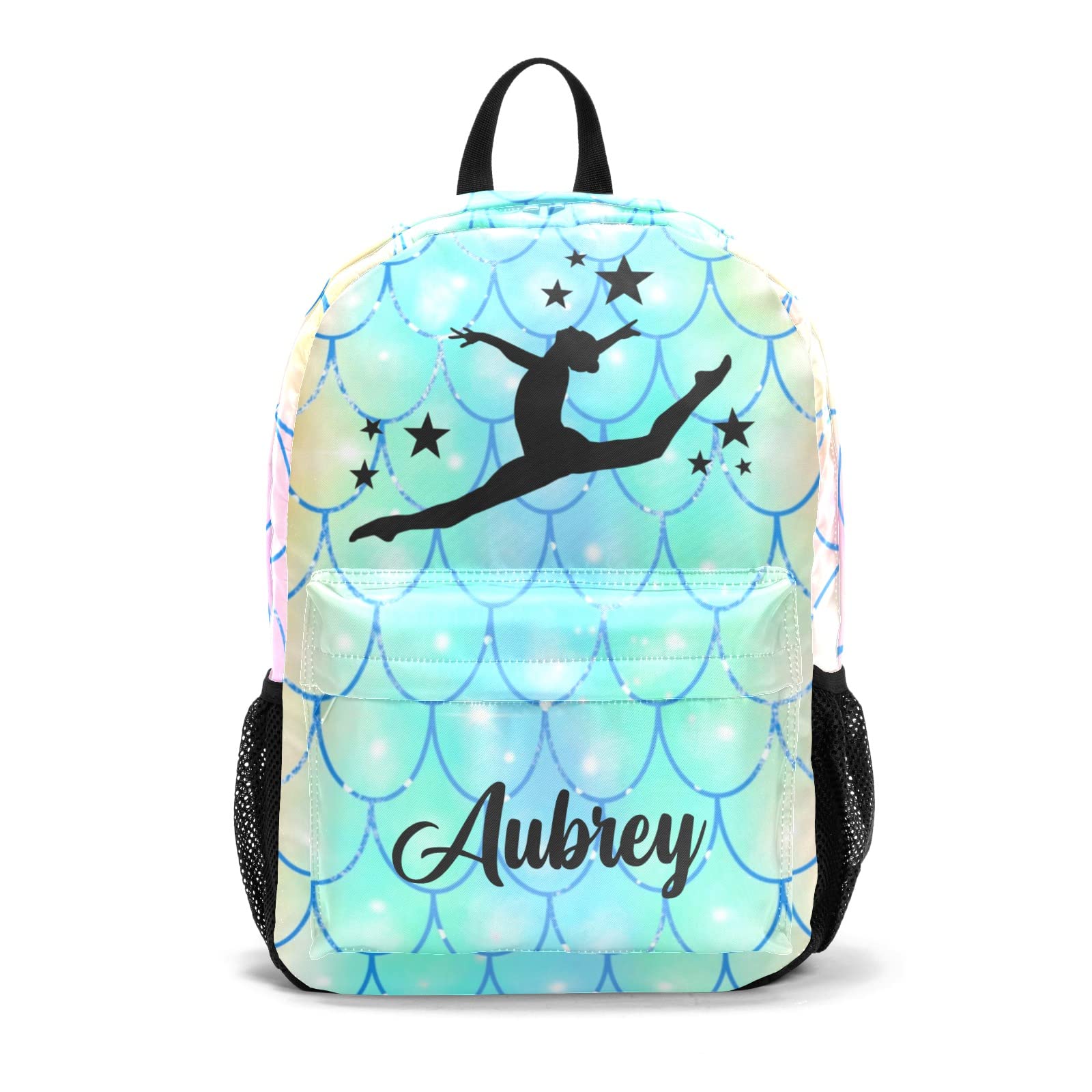 Yeshop Gymnastic Fish Scale Rainbow Personalized Backpack for Teen Boys Girls,Custom Travel Backpack Bookbag Casual Bag with Name Gift 11.81"(L) x