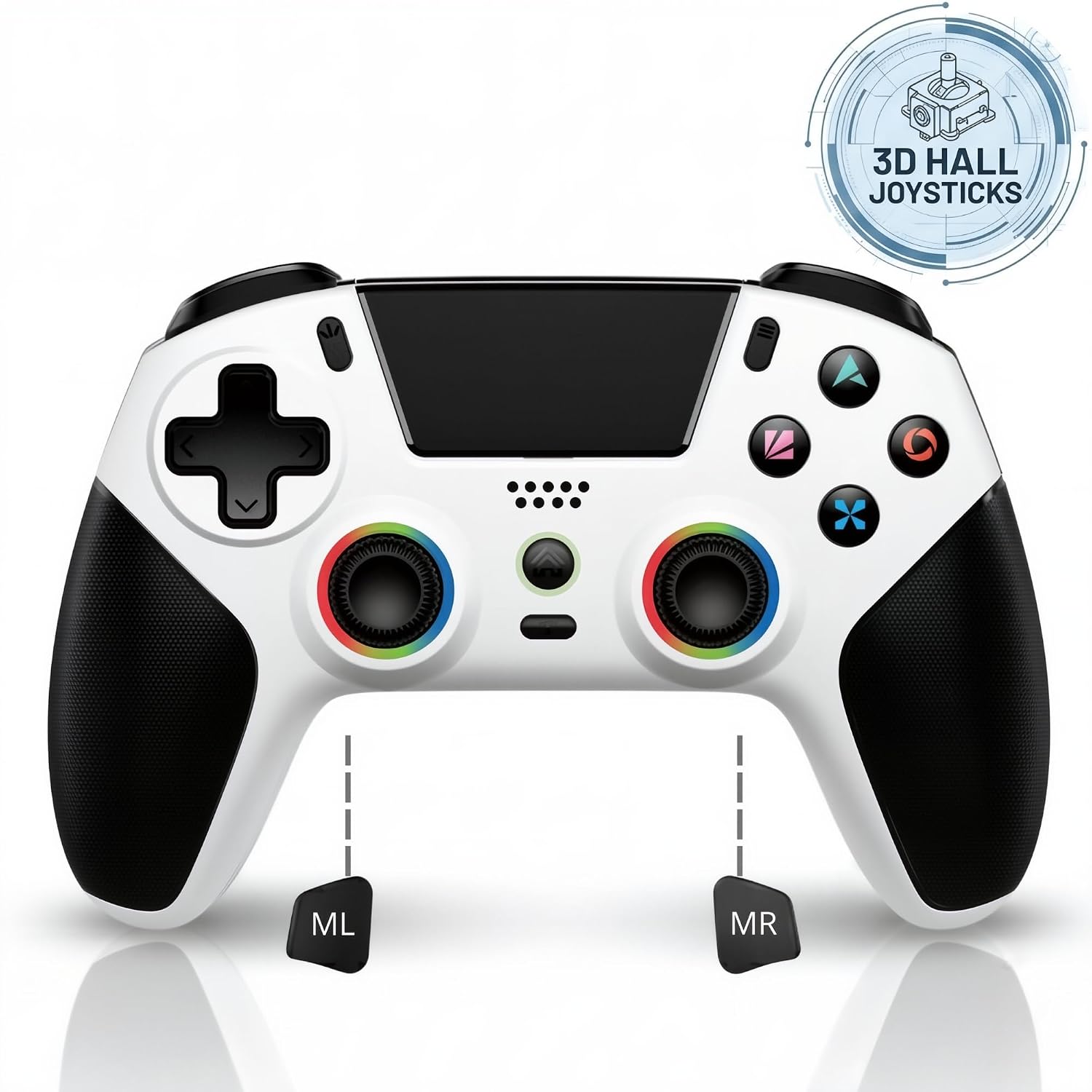 ZORVX Wireless Gaming Controller compatible with PS5, PC, iOS & Android - Hall Effect Joysticks, Turbo Function, RGB Lighting, Programmable Back Buttons - White