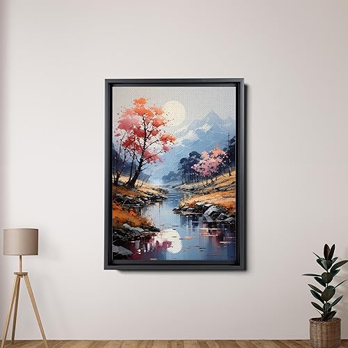 Nature's Harmony, River Landscape Prints with Green Mountain Scenery, Yellow Flower Wall Art and Serene Green Blue Tones for Living Room Décor,