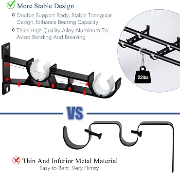 Curtain Pole Brackets, 4 Pack Double Curtain Pole Bracket 28mm Heavy Duty Curtain Rail Brackets Black Curtain Pole Holder Support Hooks for Drapery Rod