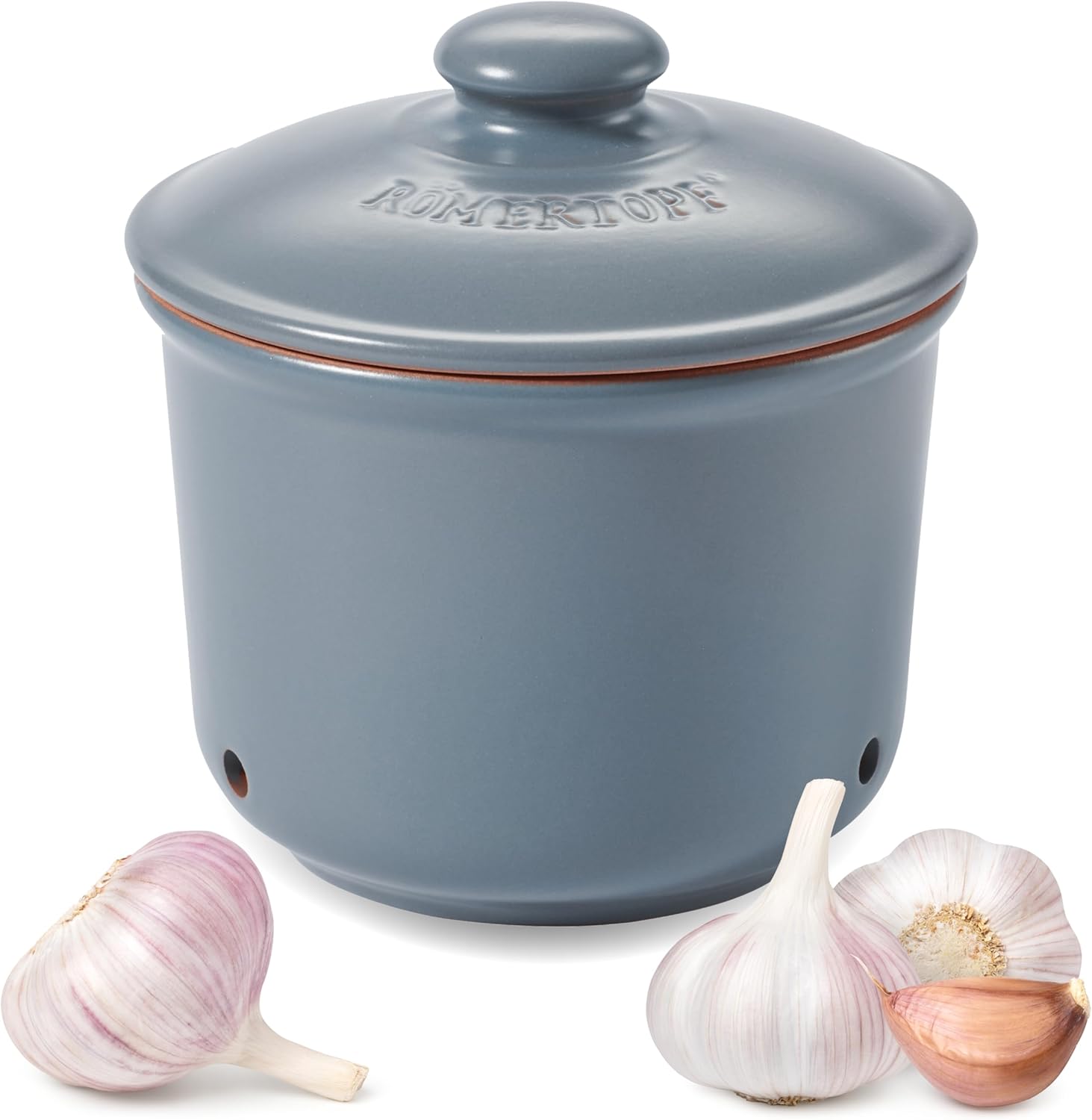 Römertopf Mini Garlic Pot Natural Clay Blue/Grey, Diameter 12.5 x 13 cm, Approx. 200 g, Vented Ceramic Storage Pot with 3 Ventilation Holes, Glazed Inside, Dishwasher Safe