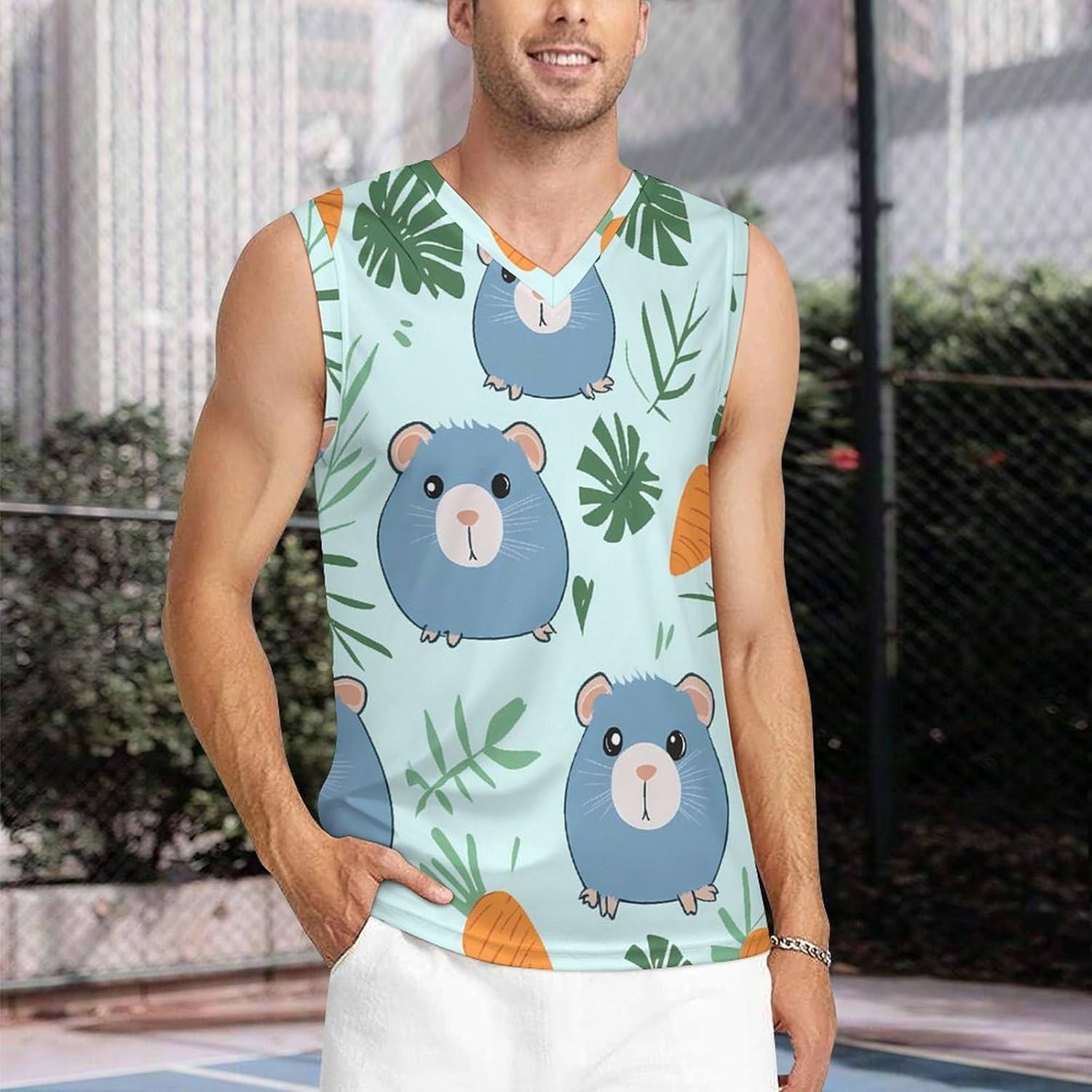 Blue Guinea Pigs Pattern Men's V-Neck Basketball Tank Top Sleeveless Workout Tank Shirts Gym Fitness Tees Vest