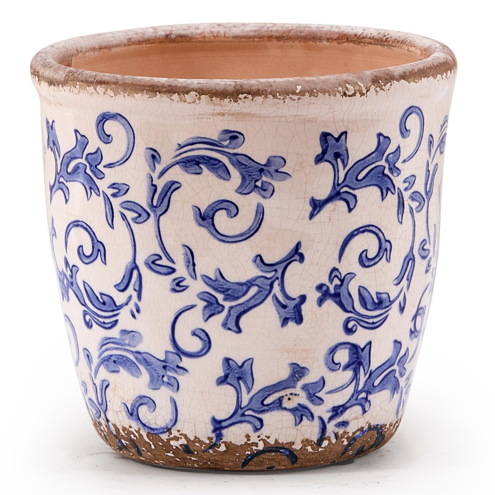 Vintage Ceramic Planter with Drainage Hole, Plastic Tray & Mesh, 5.5 Inch - Indoor/Outdoor Flower Pot, Blue Floral Rustic Farmhouse Design Plant pot