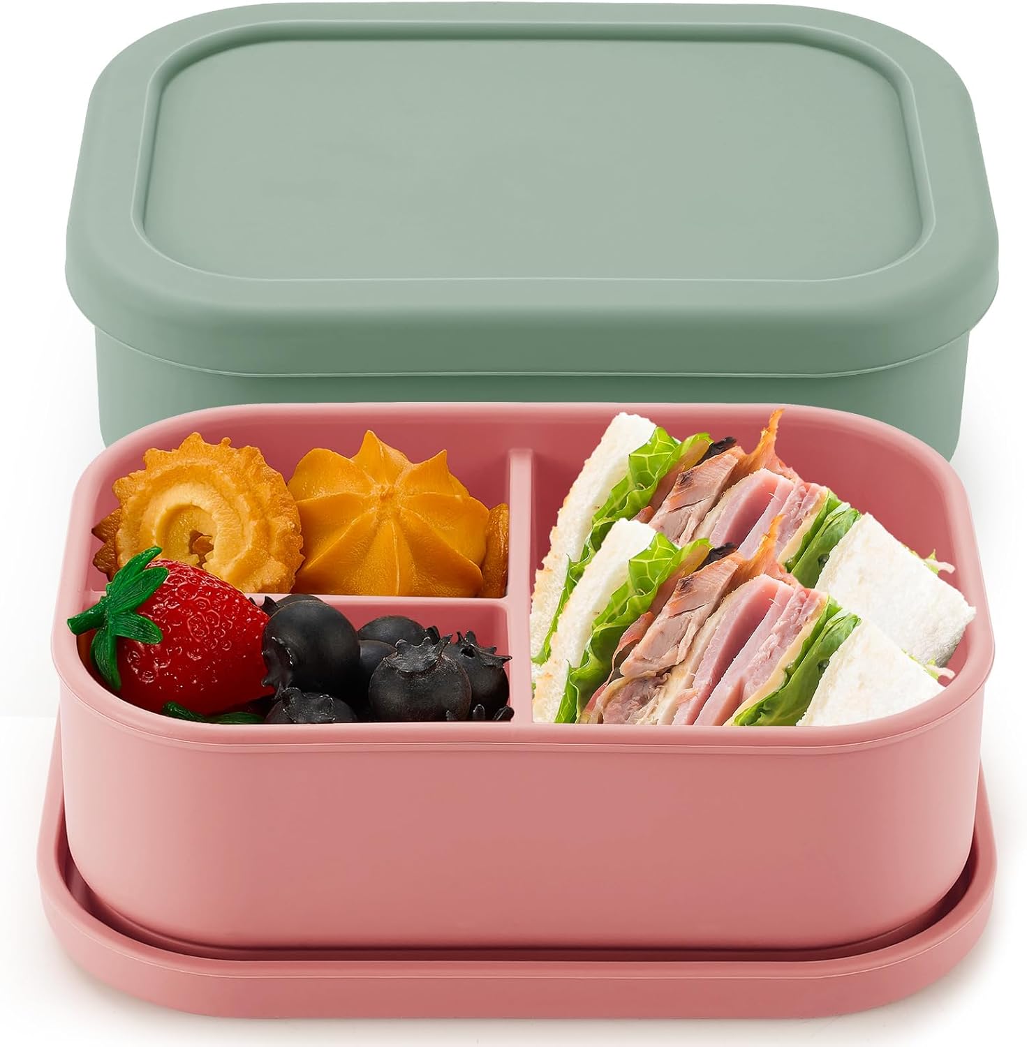 Layhit 2 Pcs Silicone Bento Box Reusable Silicone Bento Lunch Container for Adults Microwave Dishwasher Freezer Safe (3 Compartments,Dark Red,Green)